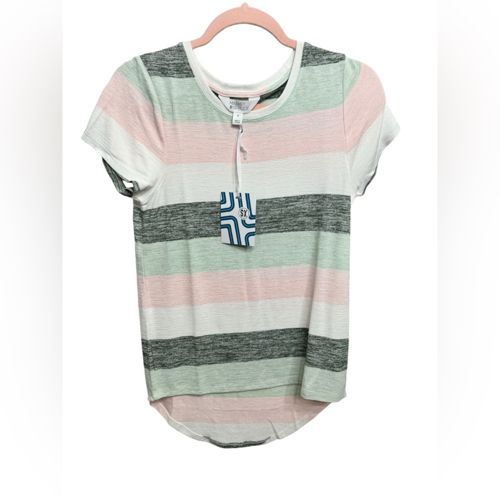 NWT Market & Spruce Womens Juuna Hi Lo Knit Top Sz. XS Striped Pink Green Gray